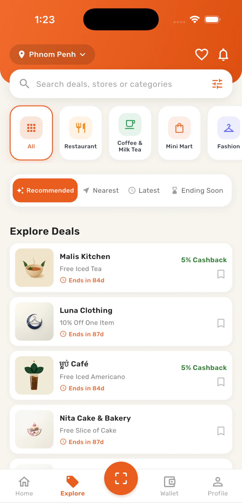 KAMPUJA Explore screen with store categories and a list of deals from participating businesses