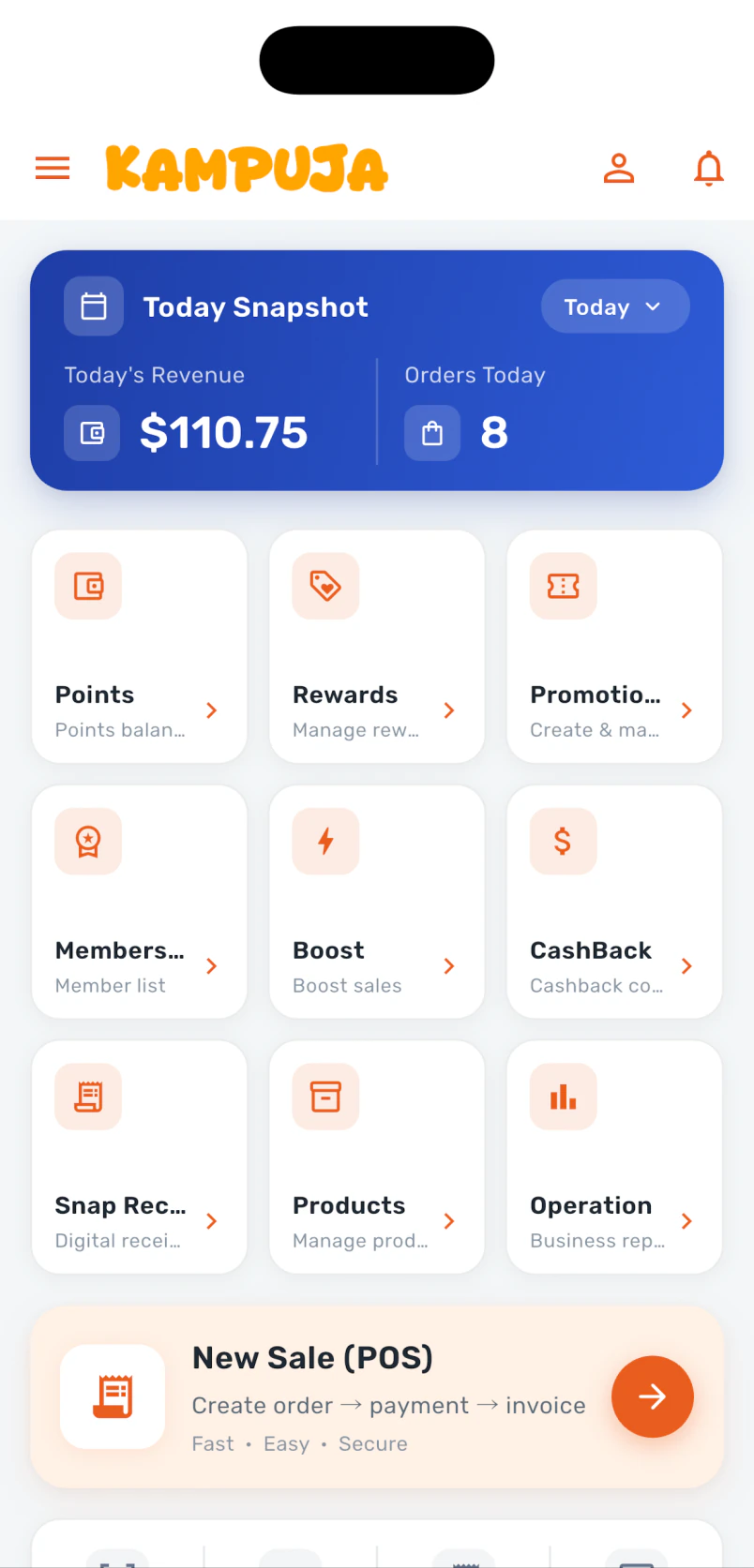 KAMPUJA Store app home screen with today's revenue and orders, and shortcuts for points, rewards, promotions and new sales