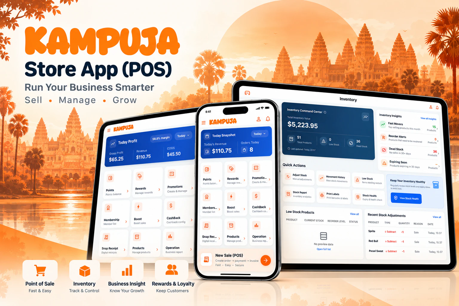 KAMPUJA Store App (POS) on a tablet and phone, showing today's profit and revenue, the store dashboard and the inventory command center