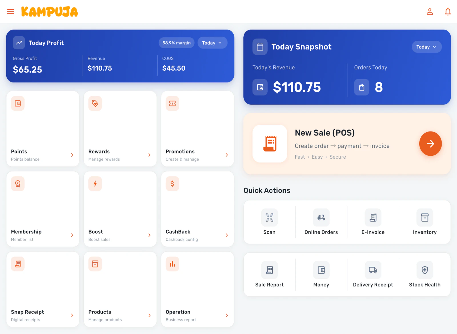 KAMPUJA Store App dashboard on a tablet with today's profit, revenue and orders, a New Sale (POS) button and quick actions