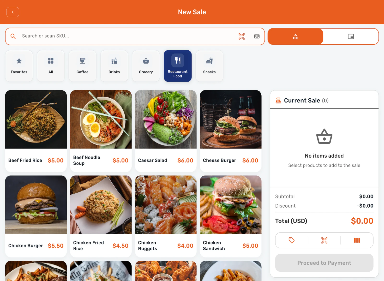 KAMPUJA New Sale screen on a tablet with product categories, a grid of products with photos and prices, and the current sale panel