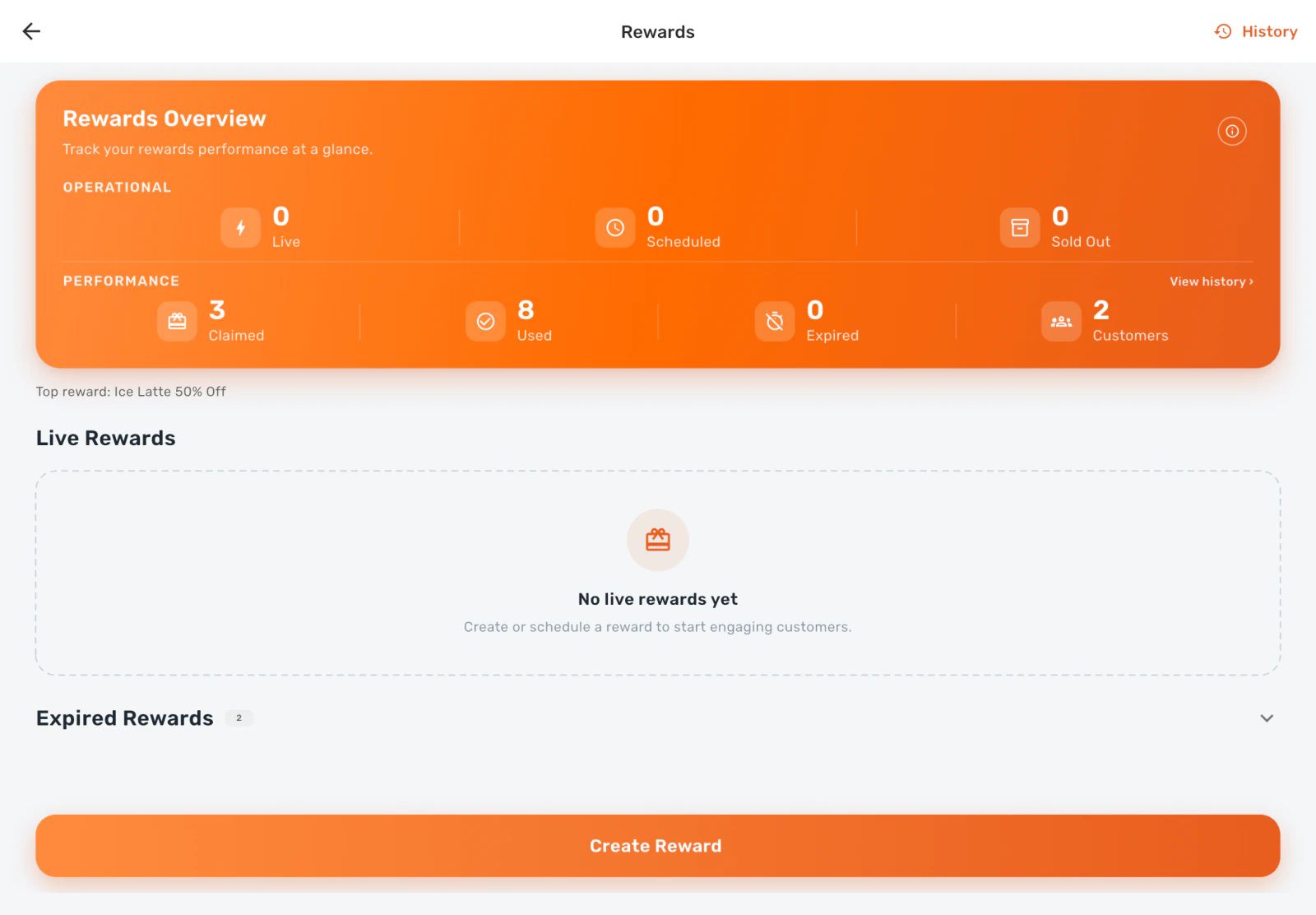 KAMPUJA Rewards screen on a tablet with a rewards overview of claimed, used and expired rewards and a Create Reward button